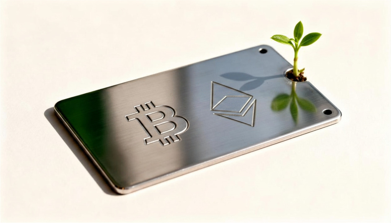 Brushed steel seed phrase plate engraved with Bitcoin and Litecoin symbols, with a green sprout growing from the corner