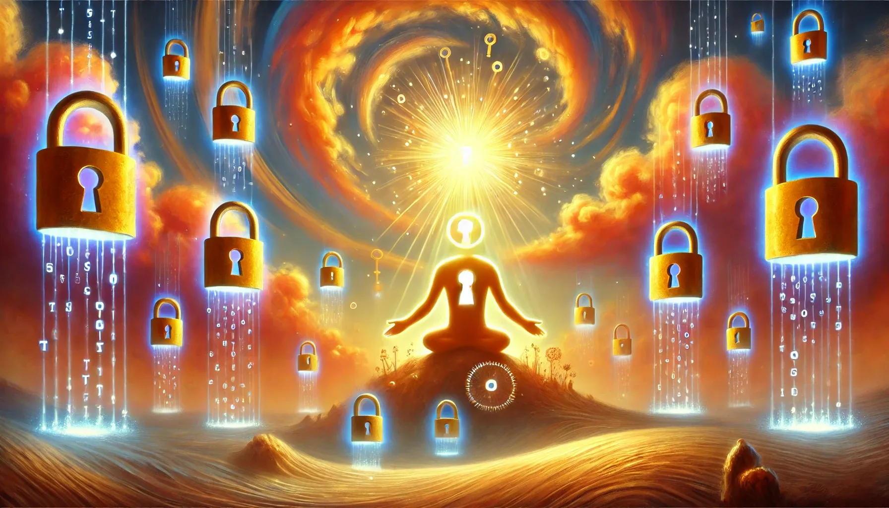 A person meditating on a small hill with a bright sun behind them